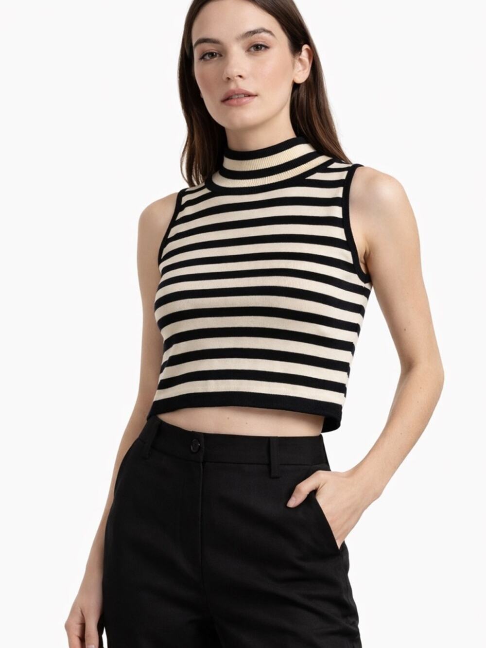 Vtg Escada Margaretha Ley Striped Wool Knit Sleeveless Mock Neck Cropped Top XS